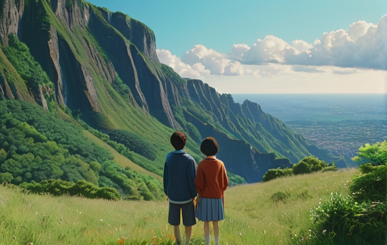 **A captivating film scene inspired by "Your Name.":** A breathtaking landscape with vivid colors, RADWIMPS-style musical elements integrated visually, and a subtle sense of longing and connection.