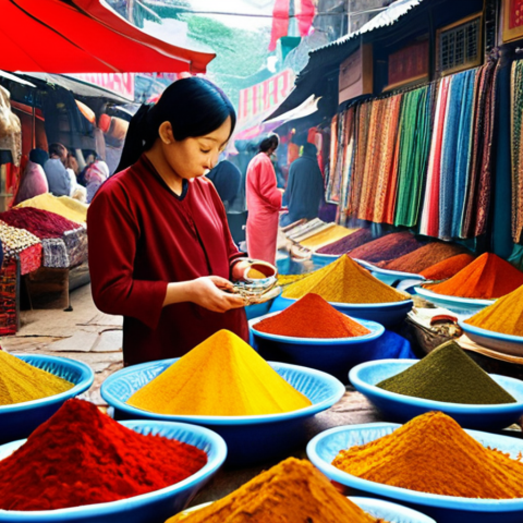 **

*   **Prompt:** A vibrant, bustling Asian marketplace scene filled with exotic spices, fabrics, and people. A storyteller (gender neutral) is observing, notebook in hand, soaking in the atmosphere with all their senses: tasting spices, feeling fabrics, listening to the sounds. Focus on rich colors and textures. "Travel Inspiration"

**