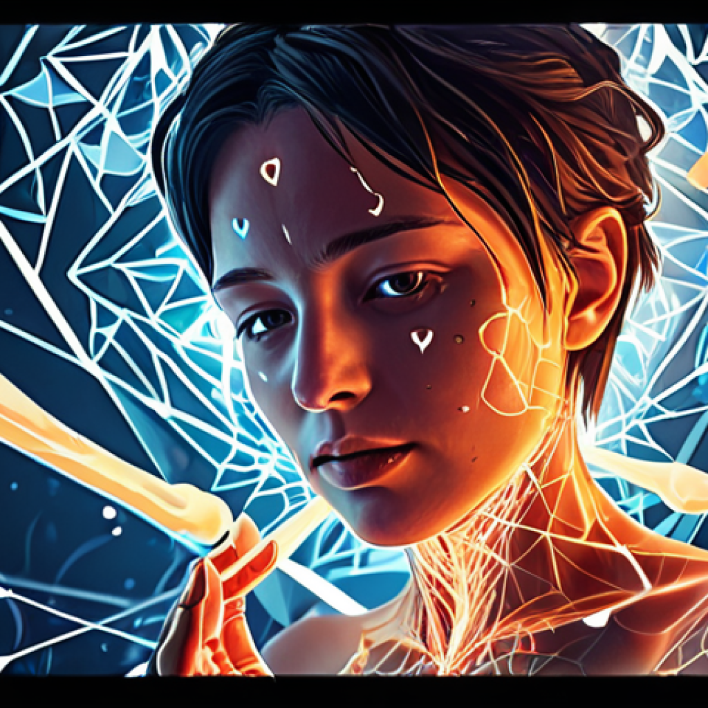 **Prompt:** A vibrant digital painting illustrating a passionate human author or storyteller, bathed in warm, soft light, radiating authentic emotion and creativity. Around them, ethereal, glowing fragments of memories, hearts, and empathic connections subtly emerge. In sharp contrast, the background is composed of cool-toned, abstract geometric patterns and sterile data streams, symbolizing efficient but soulless AI-generated content. Emphasize the living warmth and emotional depth of the human element against the cold, technical aesthetic of AI.