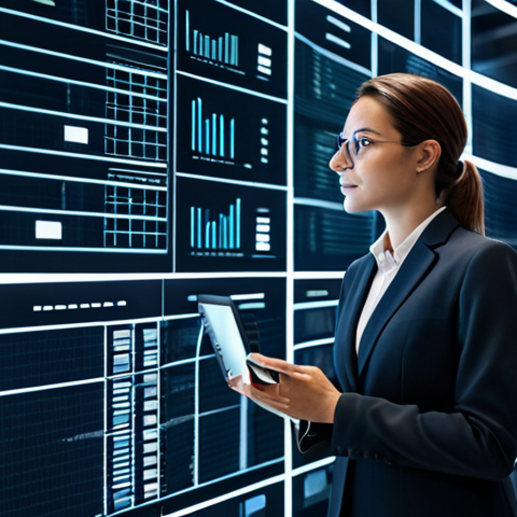 A professional, visionary female storyteller in a modest business suit, standing confidently in a modern, tech-integrated creative studio. She is interacting with a transparent holographic screen displaying abstract data visualizations and dynamic digital portfolio elements, with a thoughtful and forward-looking expression. The background subtly includes sleek AI server racks and soft, futuristic lighting, emphasizing innovation. fully clothed, appropriate attire, safe for work, perfect anatomy, correct proportions, natural pose, well-formed hands, proper finger count, natural body proportions, professional photography, high-quality digital art, appropriate content, family-friendly.