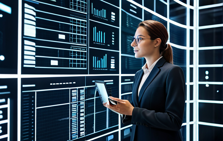 A professional, visionary female storyteller in a modest business suit, standing confidently in a modern, tech-integrated creative studio. She is interacting with a transparent holographic screen displaying abstract data visualizations and dynamic digital portfolio elements, with a thoughtful and forward-looking expression. The background subtly includes sleek AI server racks and soft, futuristic lighting, emphasizing innovation. fully clothed, appropriate attire, safe for work, perfect anatomy, correct proportions, natural pose, well-formed hands, proper finger count, natural body proportions, professional photography, high-quality digital art, appropriate content, family-friendly.