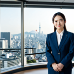 **

A professional Japanese businesswoman in a modest, tailored business suit, standing in a modern Tokyo office with a panoramic city view in the background, fully clothed, appropriate attire, safe for work, perfect anatomy, natural proportions, professional photography, high quality, bright lighting, corporate environment.

**