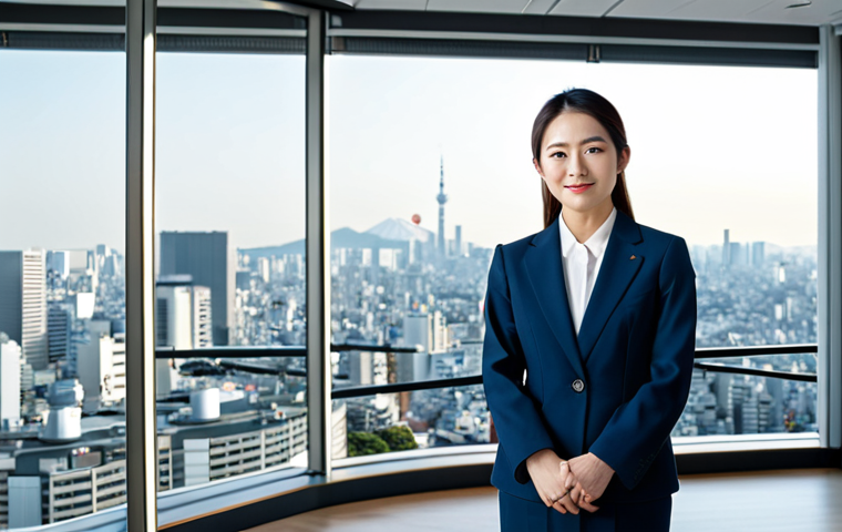 **

A professional Japanese businesswoman in a modest, tailored business suit, standing in a modern Tokyo office with a panoramic city view in the background, fully clothed, appropriate attire, safe for work, perfect anatomy, natural proportions, professional photography, high quality, bright lighting, corporate environment.

**