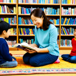 絵本読み聞かせボランティア (Picture Book Reading Volunteer)**

"A fully clothed woman (30s), smiling warmly, reading a picture book to a group of children (ages 4-6) in a brightly lit library setting. The children are sitting attentively on a colorful rug. The woman is wearing modest, casual clothing, appropriate attire. Safe for work, family-friendly, perfect anatomy, correct proportions, well-formed hands. Professional photography, high quality."

**