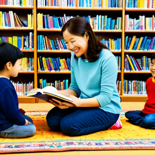 絵本読み聞かせボランティア (Picture Book Reading Volunteer)**

"A fully clothed woman (30s), smiling warmly, reading a picture book to a group of children (ages 4-6) in a brightly lit library setting. The children are sitting attentively on a colorful rug. The woman is wearing modest, casual clothing, appropriate attire. Safe for work, family-friendly, perfect anatomy, correct proportions, well-formed hands. Professional photography, high quality."

**