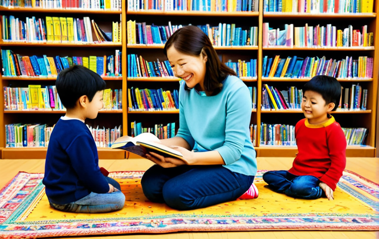 絵本読み聞かせボランティア (Picture Book Reading Volunteer)**

"A fully clothed woman (30s), smiling warmly, reading a picture book to a group of children (ages 4-6) in a brightly lit library setting. The children are sitting attentively on a colorful rug. The woman is wearing modest, casual clothing, appropriate attire. Safe for work, family-friendly, perfect anatomy, correct proportions, well-formed hands. Professional photography, high quality."

**