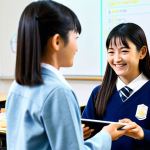 **

A brightly lit, modern classroom in Japan. Students are attentively engaged with personalized learning interfaces on tablet devices. A female teacher smiles warmly, gesturing towards a student, with a holographic AI assistant subtly overlaid in the background offering support. Emphasis on collaboration and personalized learning experiences, reflecting AI's positive impact on education. "Safe for work", "appropriate content", "fully clothed", "professional", "perfect anatomy", "correct proportions", "natural pose", "high quality", "AI education", "personalized learning", "Japanese classroom".

**