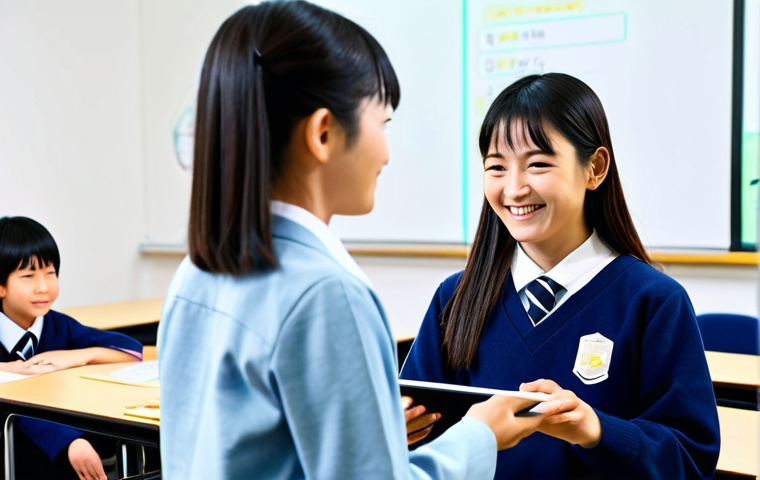 **

A brightly lit, modern classroom in Japan. Students are attentively engaged with personalized learning interfaces on tablet devices. A female teacher smiles warmly, gesturing towards a student, with a holographic AI assistant subtly overlaid in the background offering support. Emphasis on collaboration and personalized learning experiences, reflecting AI's positive impact on education. "Safe for work", "appropriate content", "fully clothed", "professional", "perfect anatomy", "correct proportions", "natural pose", "high quality", "AI education", "personalized learning", "Japanese classroom".

**