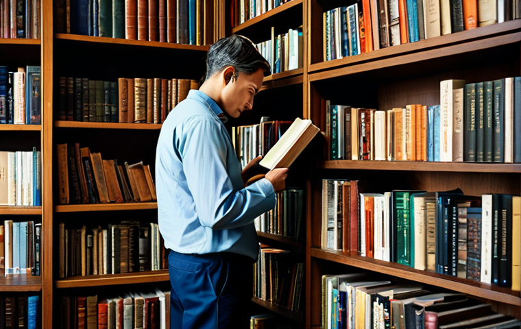 Story Selection**

"A person thoughtfully selecting a book from a bookshelf filled with various genres, representing different story themes, safe for work, appropriate content, fully clothed, modest attire, professional, perfect anatomy, natural proportions, well-lit, inviting atmosphere."

**