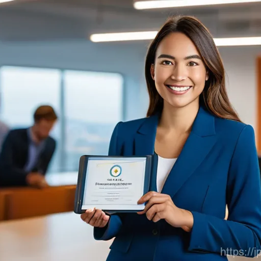 스토리텔러 자격증의 글로벌 인증 기준 분석과 전략 - **Prompt:** A confident female blogger, in her late 20s to early 30s, dressed in stylish yet profess...