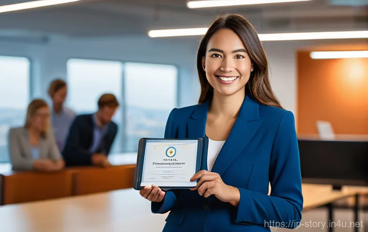 스토리텔러 자격증의 글로벌 인증 기준 분석과 전략 - **Prompt:** A confident female blogger, in her late 20s to early 30s, dressed in stylish yet profess...