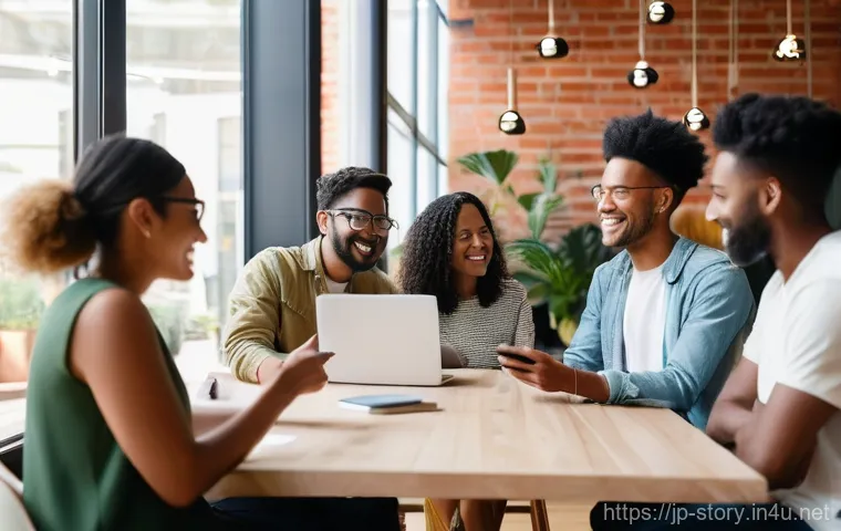 스토리텔러 직업의 사회적 영향과 역할 분석 - **Prompt:** A diverse group of people, casually dressed in modern attire, gather in a vibrant, sunli...