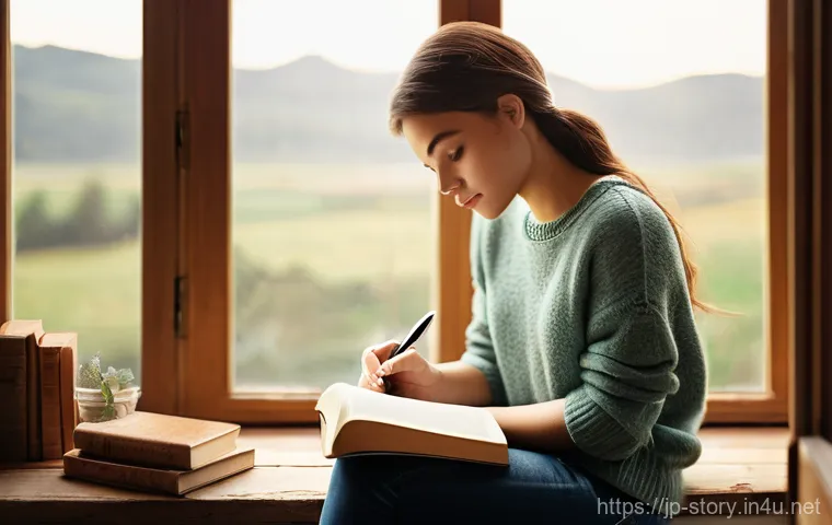 스토리텔러로서의 자기 브랜드 만들기 - **A thoughtful young woman, dressed in a cozy yet stylish knit sweater and comfortable jeans, sits b...