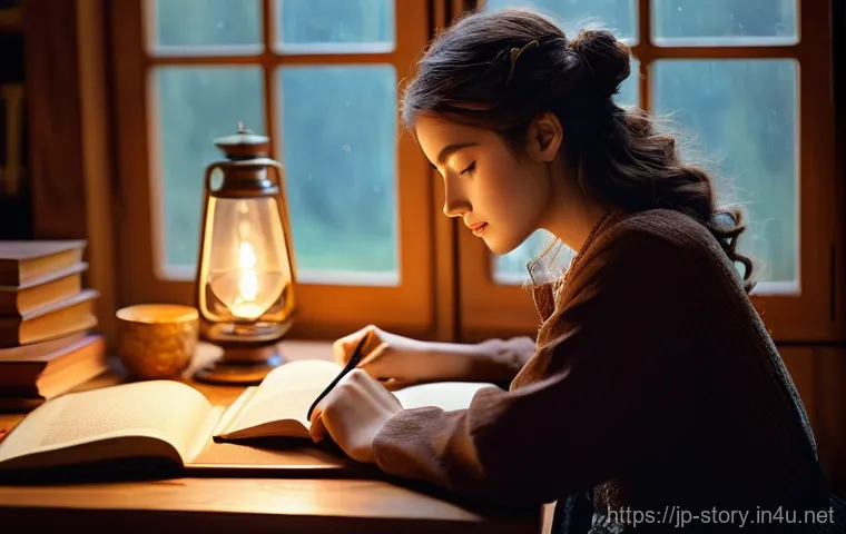 스토리텔러의 스토리 제작 과정 - **"The Genesis of a Story's Heart"**
    A young female writer, with a thoughtful expression and wea...