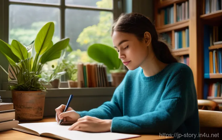 스토리텔러를 위한 멘탈 관리 - **"From Creative Block to Burst of Inspiration"**
    A young female storyteller, early 20s, with a ...
