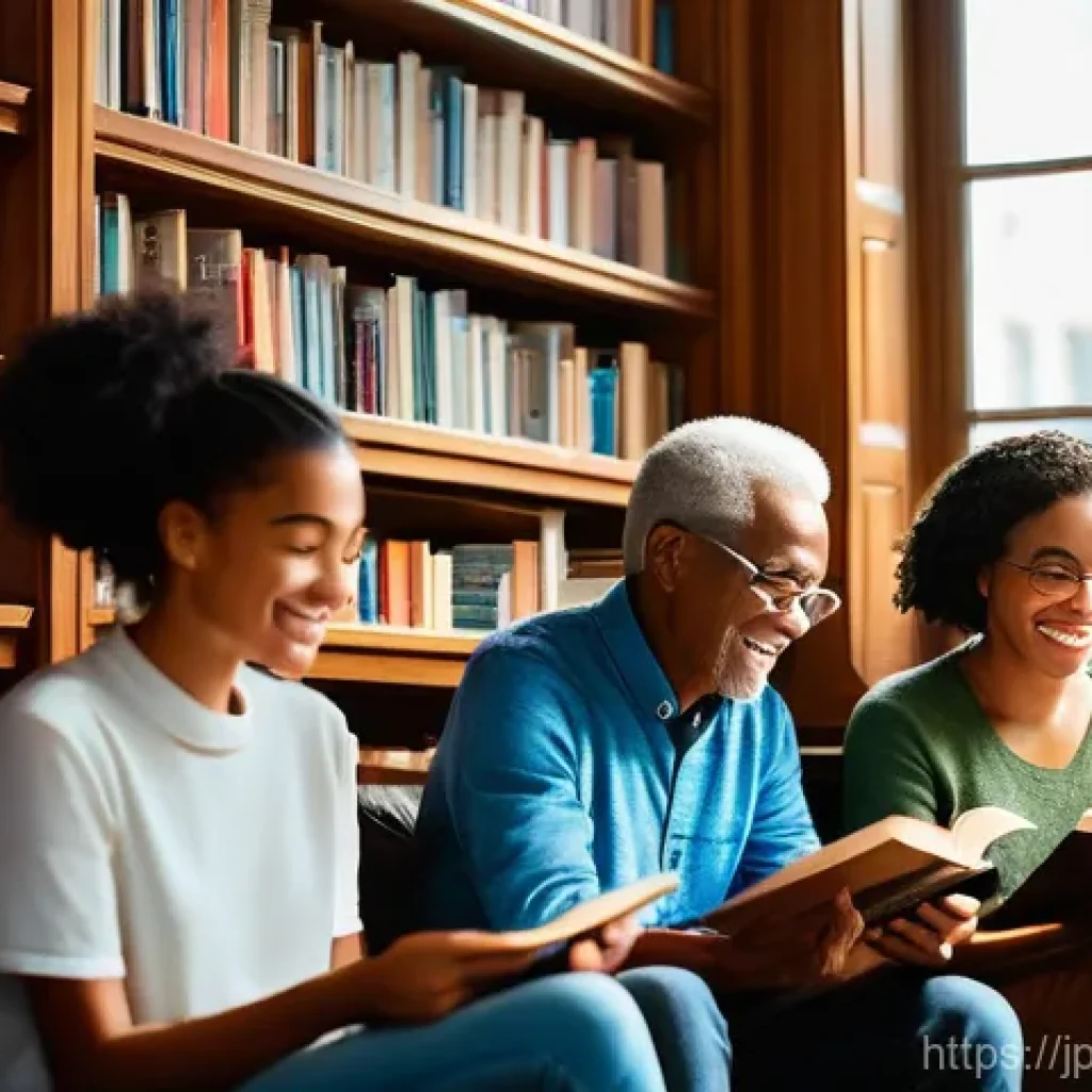 스토리텔러와 문학 작품의 연결성 - "A diverse group of individuals, including young adults and an elderly person, are gathered in a bri...