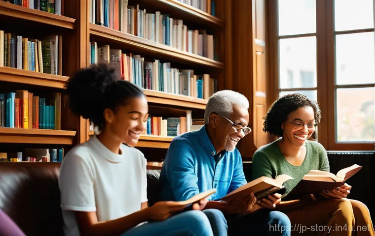 스토리텔러와 문학 작품의 연결성 - "A diverse group of individuals, including young adults and an elderly person, are gathered in a bri...