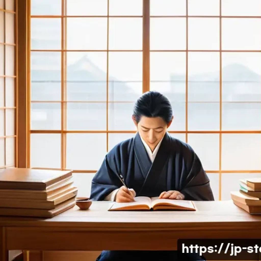 스토리텔러 실무 스킬 업그레이드 - A modern Japanese writer sitting at a wooden desk by a large window, surrounded by scattered noteboo...