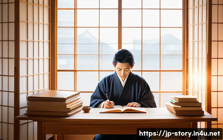 스토리텔러 실무 스킬 업그레이드 - A modern Japanese writer sitting at a wooden desk by a large window, surrounded by scattered noteboo...