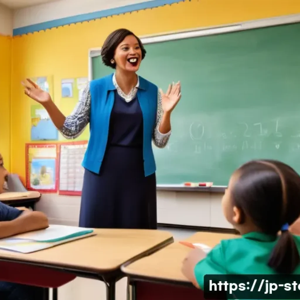 스토리텔러 자격증과 관련된 해외 사례 분석 - A lively classroom scene in a modern American elementary school where a certified storyteller teache...