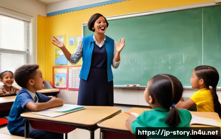 스토리텔러 자격증과 관련된 해외 사례 분석 - A lively classroom scene in a modern American elementary school where a certified storyteller teache...
