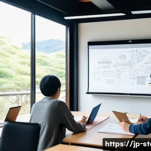 스토리텔러 관련 직종의 취업 팁 - A modern Japanese storytelling workshop scene featuring a diverse group of young adults attentively ...