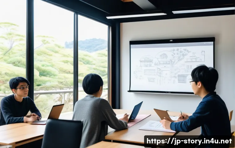 스토리텔러 관련 직종의 취업 팁 - A modern Japanese storytelling workshop scene featuring a diverse group of young adults attentively ...