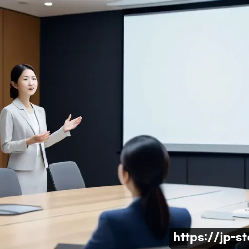 스토리텔러 자격증의 종류와 특징 - A modern Japanese businesswoman giving a compelling presentation in a sleek corporate conference roo...