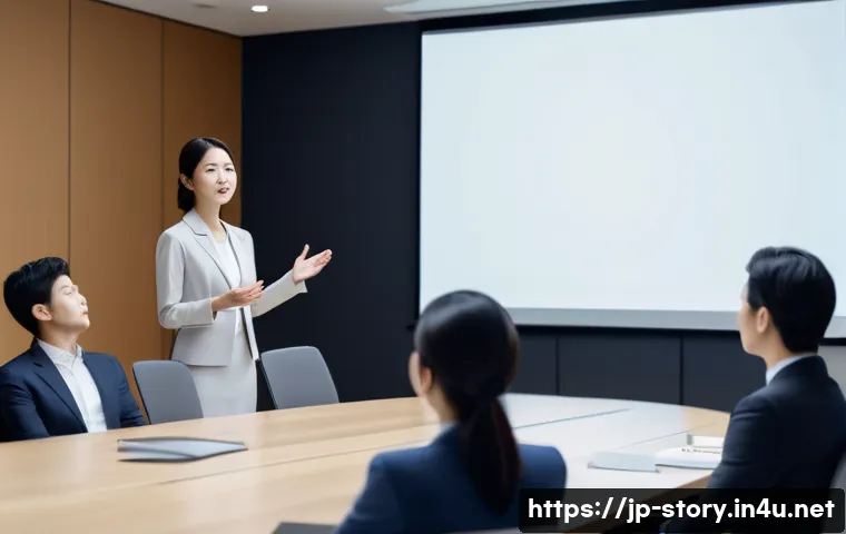 스토리텔러 자격증의 종류와 특징 - A modern Japanese businesswoman giving a compelling presentation in a sleek corporate conference roo...
