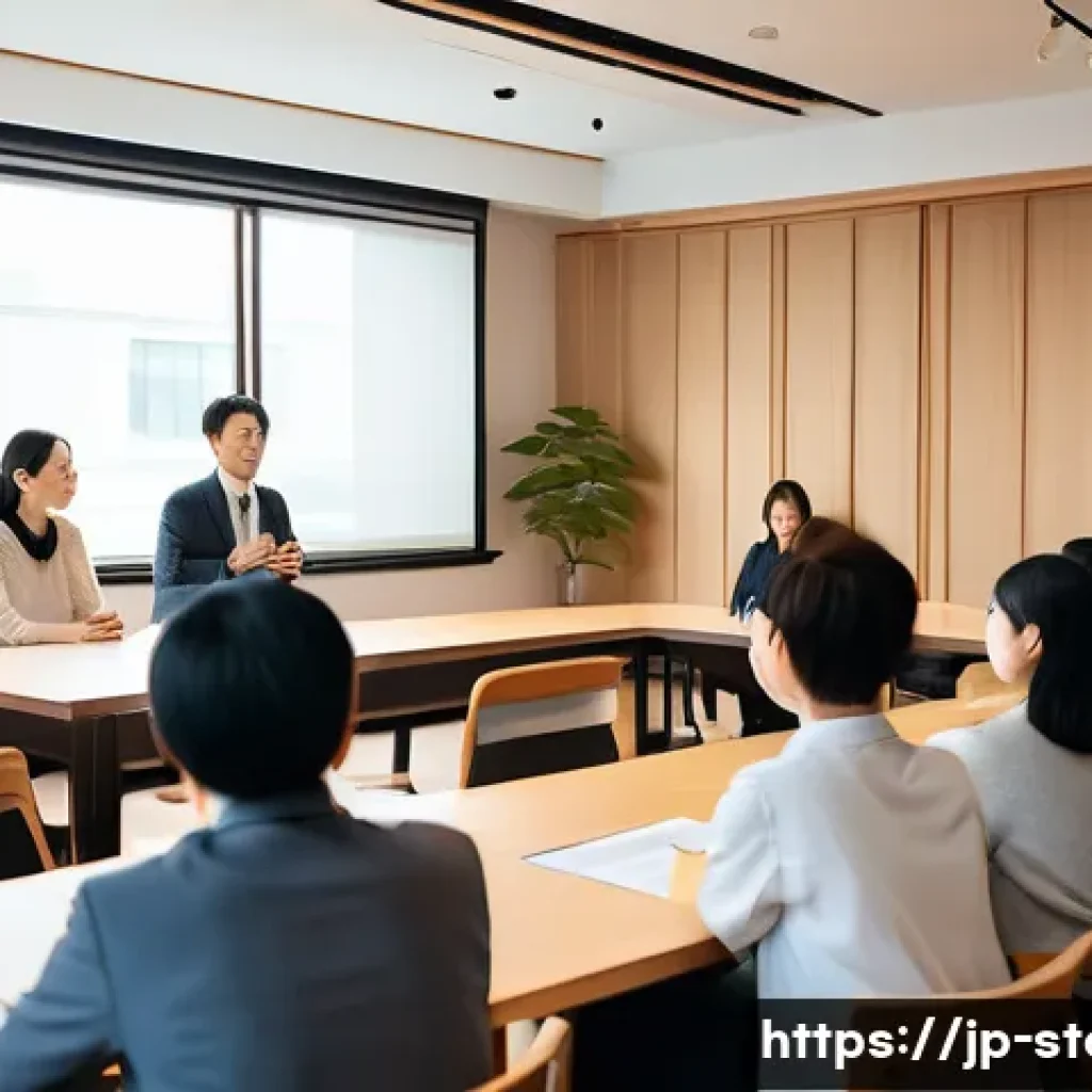 스토리텔러 실무에서의 성공 요인과 사례 - A modern Japanese seminar room with a diverse group of attentive adults listening to a charismatic f...