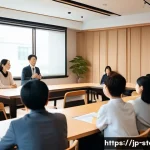 스토리텔러 실무에서의 성공 요인과 사례 - A modern Japanese seminar room with a diverse group of attentive adults listening to a charismatic f...