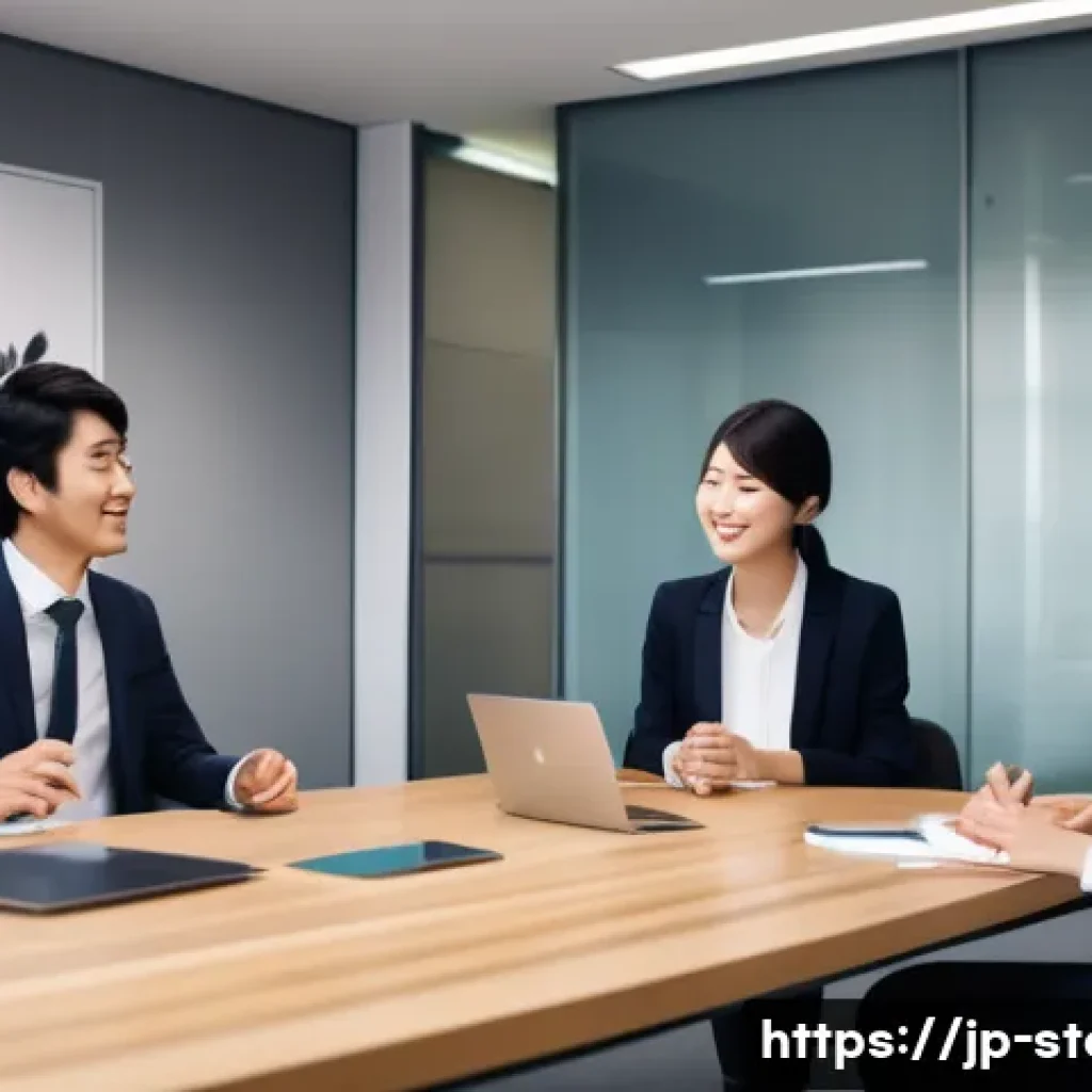 스토리텔러 관련 마케팅 케이스 스터디 - A modern Japanese office scene showing diverse employees sharing personal stories and experiences on...