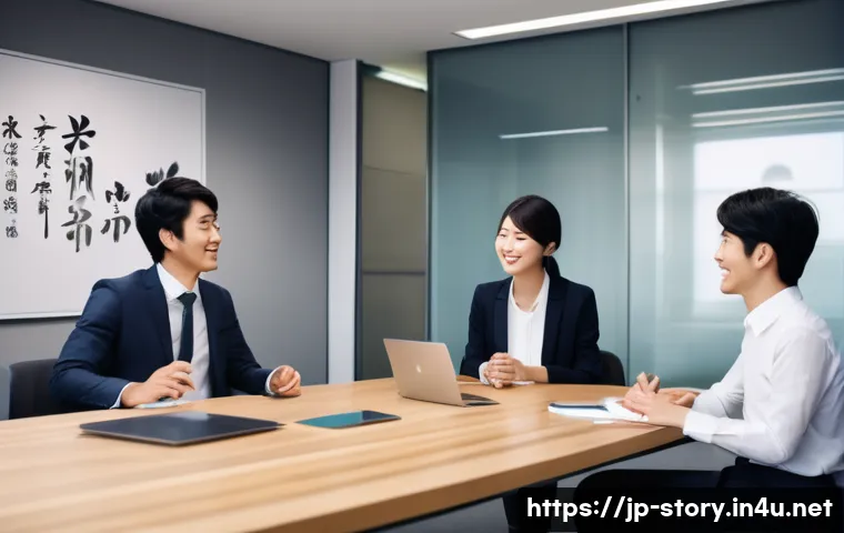 스토리텔러 관련 마케팅 케이스 스터디 - A modern Japanese office scene showing diverse employees sharing personal stories and experiences on...