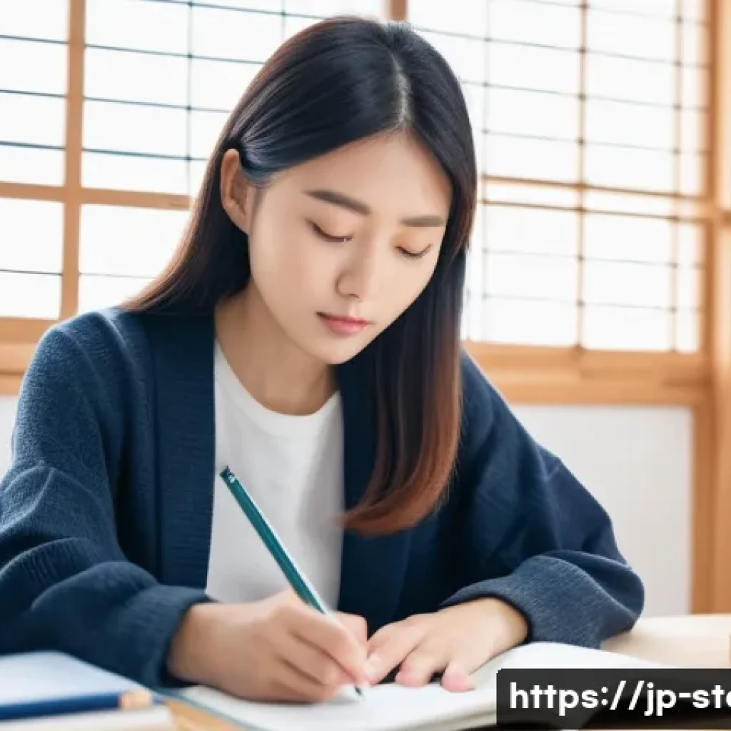 스토리텔러 자격증 시험에서 성공하기 위한 전략 - A focused young Japanese woman studying diligently at a modern desk with a planner and smartphone ap...