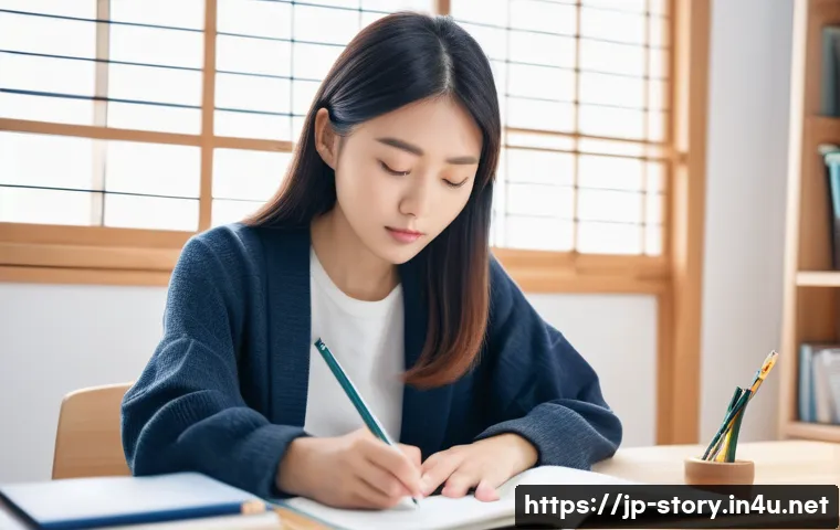 스토리텔러 자격증 시험에서 성공하기 위한 전략 - A focused young Japanese woman studying diligently at a modern desk with a planner and smartphone ap...