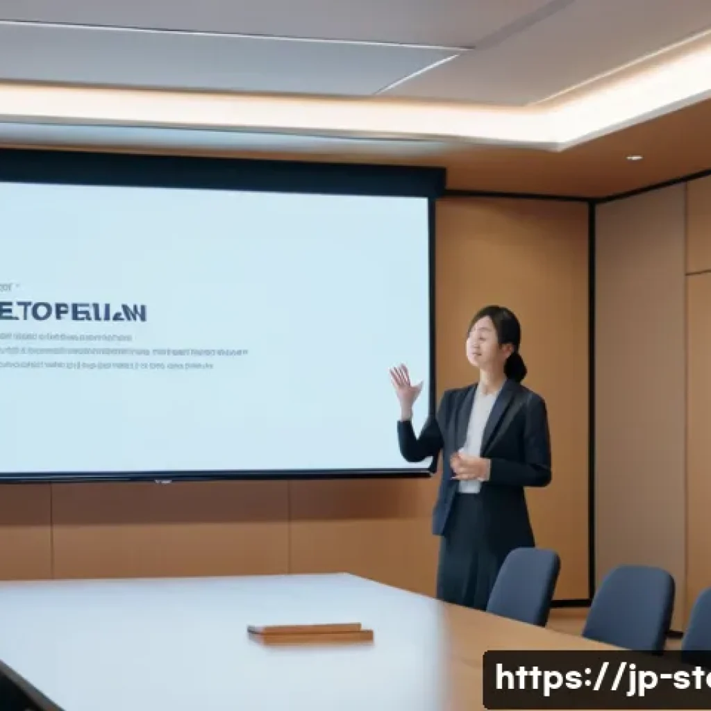 스토리텔러로서의 성공적인 스토리 제작 방법 - A modern Japanese office scene with a young professional woman giving a heartfelt presentation to at...