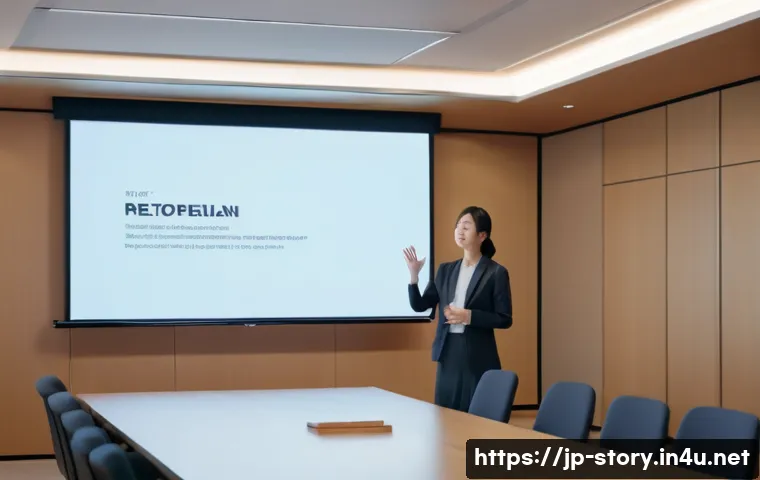 스토리텔러로서의 성공적인 스토리 제작 방법 - A modern Japanese office scene with a young professional woman giving a heartfelt presentation to at...
