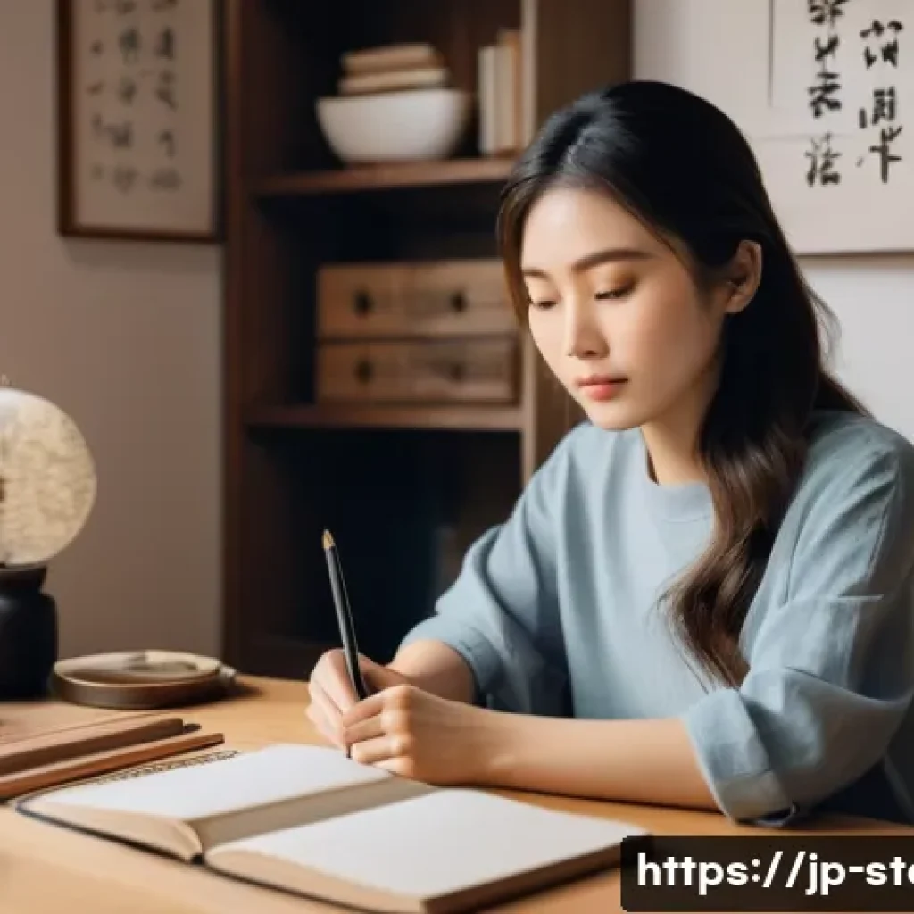 스토리텔러로서의 개인 브랜드 전략 - A modern Japanese woman sitting at a cozy home office desk, surrounded by personal mementos and note...