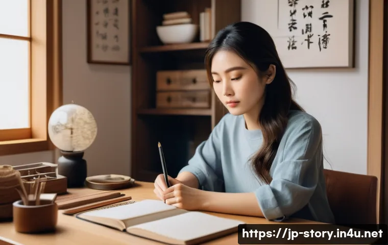 스토리텔러로서의 개인 브랜드 전략 - A modern Japanese woman sitting at a cozy home office desk, surrounded by personal mementos and note...