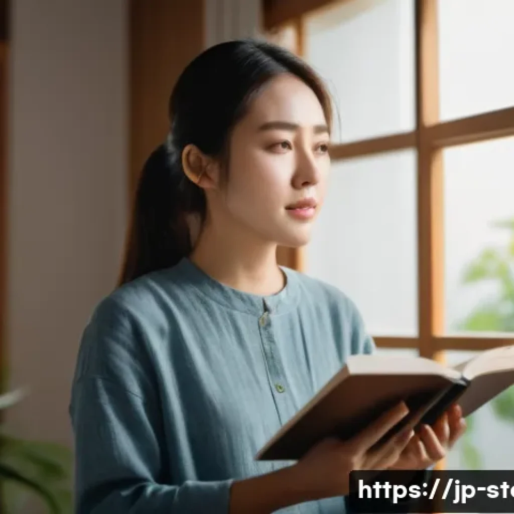스토리텔러 자격증 시험의 준비 포인트 - A young Japanese woman practicing storytelling in a modern room with soft natural light coming throu...