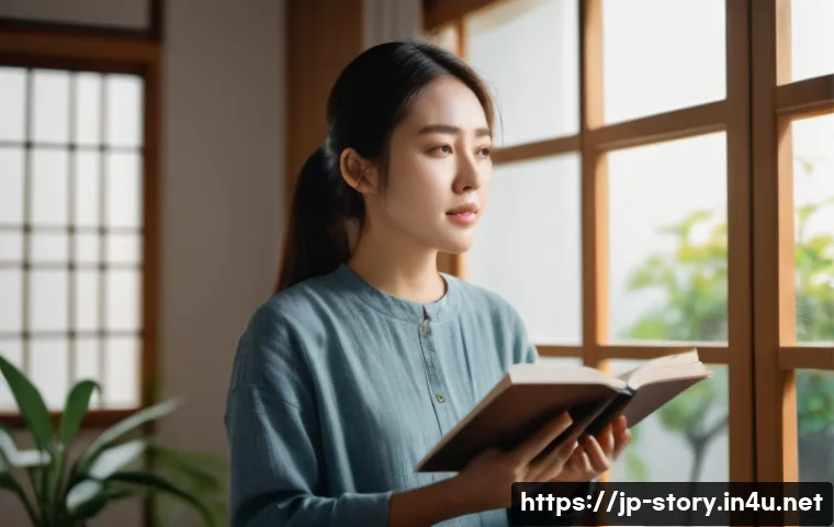 스토리텔러 자격증 시험의 준비 포인트 - A young Japanese woman practicing storytelling in a modern room with soft natural light coming throu...