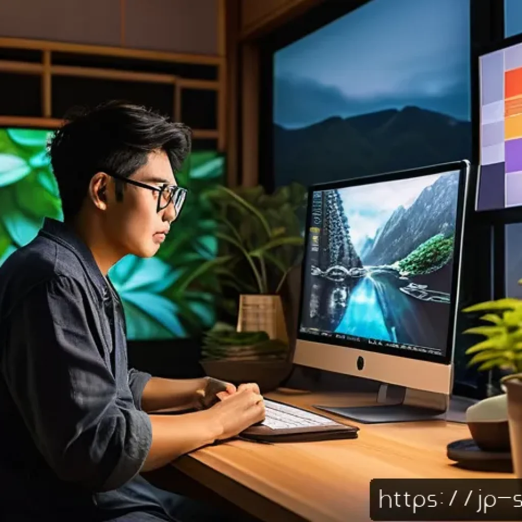 스토리텔러 직무에서의 스토리 제작 능력 향상 방법과 사례 분석과 연구 - A modern Japanese content creator in a cozy home studio, focused and expressive, surrounded by dual ...