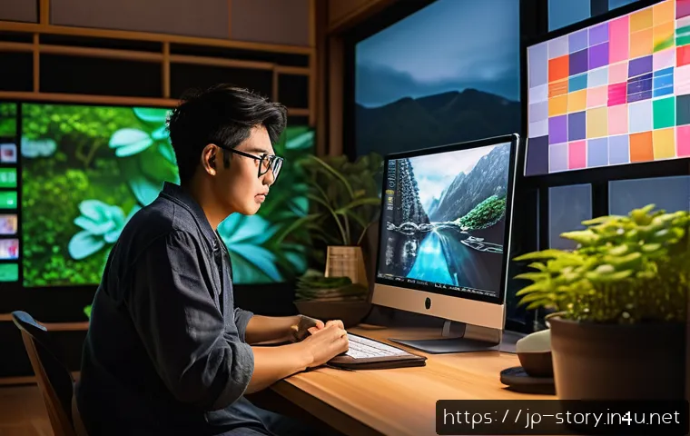 스토리텔러 직무에서의 스토리 제작 능력 향상 방법과 사례 분석과 연구 - A modern Japanese content creator in a cozy home studio, focused and expressive, surrounded by dual ...