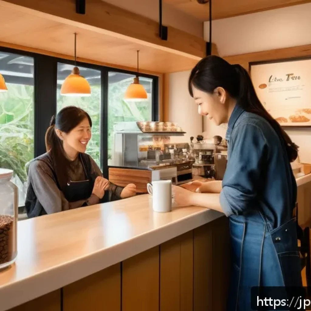 스토리텔러가 작업한 고객 성공 스토리 - A cozy, modern Japanese caf&eacute; interior with warm natural lighting, showcasing a barista carefully sel...