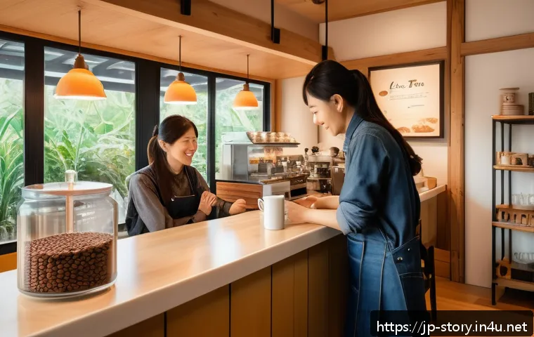 스토리텔러가 작업한 고객 성공 스토리 - A cozy, modern Japanese caf&eacute; interior with warm natural lighting, showcasing a barista carefully sel...