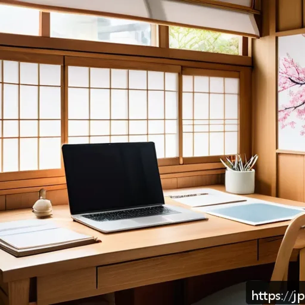 스토리텔러가 알아야 할 법률 지식 - A modern Japanese artist’s workspace illustrating the theme of copyright protection: a cozy room wit...
