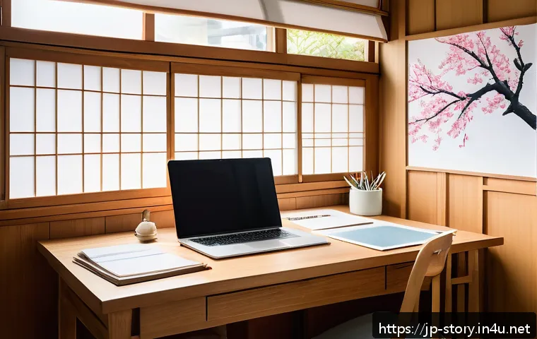 스토리텔러가 알아야 할 법률 지식 - A modern Japanese artist&rsquo;s workspace illustrating the theme of copyright protection: a cozy room wit...