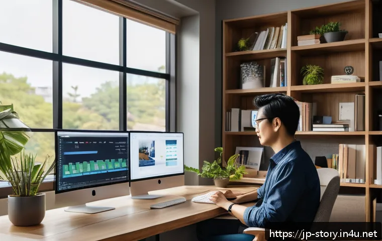 스토리텔러 직업의 글로벌 전망 - A modern digital storyteller working remotely in a cozy, stylish home office filled with multiple sc...