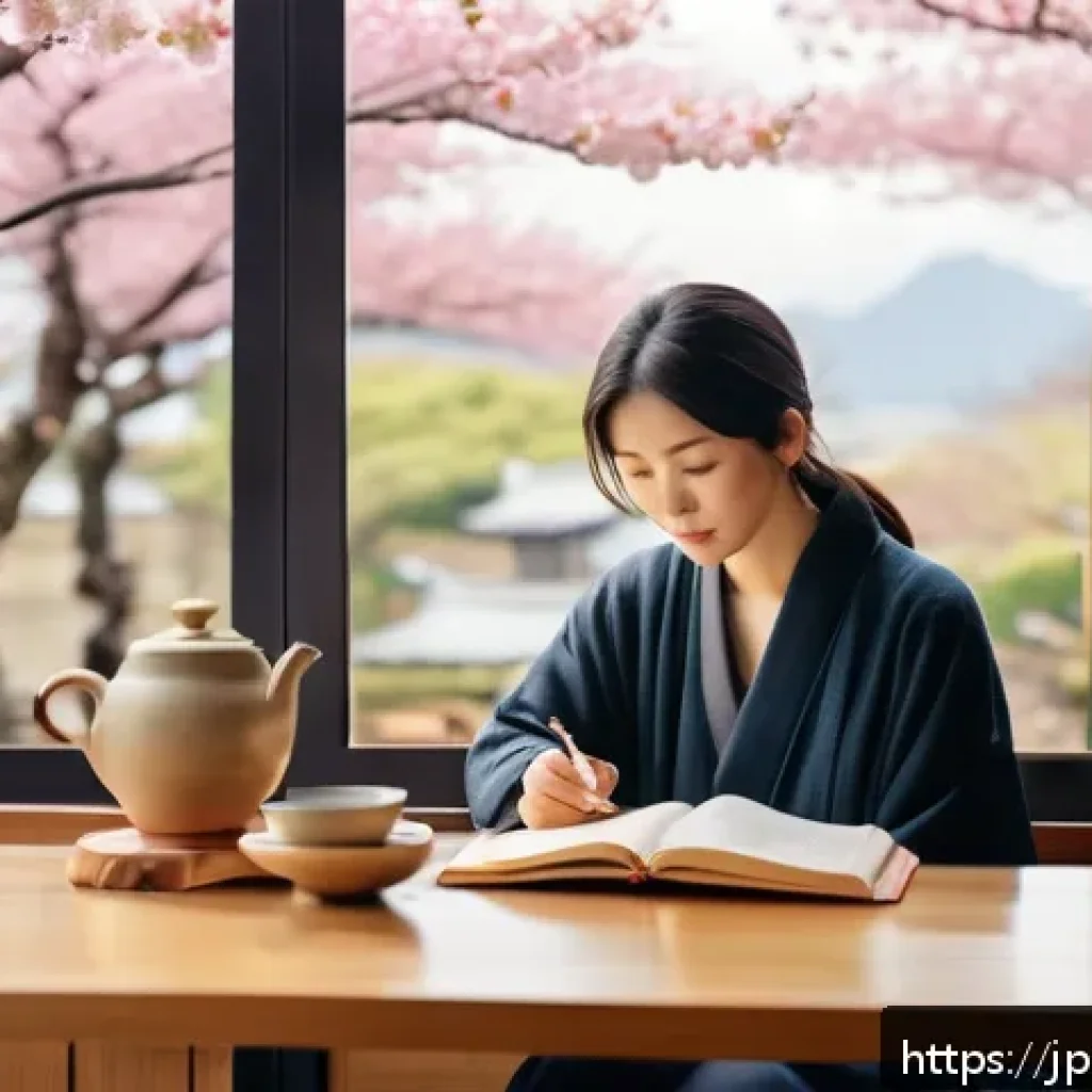 스토리텔러와 창작 과정의 중요성 - A serene scene of a Japanese writer in a cozy café surrounded by soft natural light filtering throug...