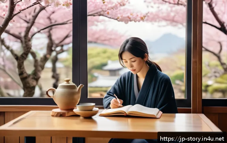 스토리텔러와 창작 과정의 중요성 - A serene scene of a Japanese writer in a cozy caf&eacute; surrounded by soft natural light filtering throug...